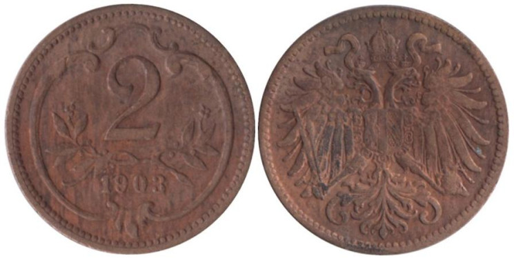  Австрия. 2 геллера 1903 год. 