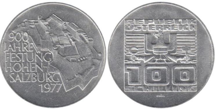  Австрия. 100 шиллингов 1977 год. 900 лет крепости Хоэнзальцбург. 