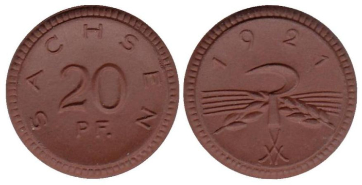  Германия. Саксония. 20 пфеннигов 1921 год. Колосья и серп. Нотгельд, керамика. 
