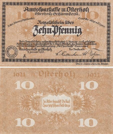  Бона. Германия. Остерхольц 10 пфеннигов 1921 год. Нотгельд. (XF) 