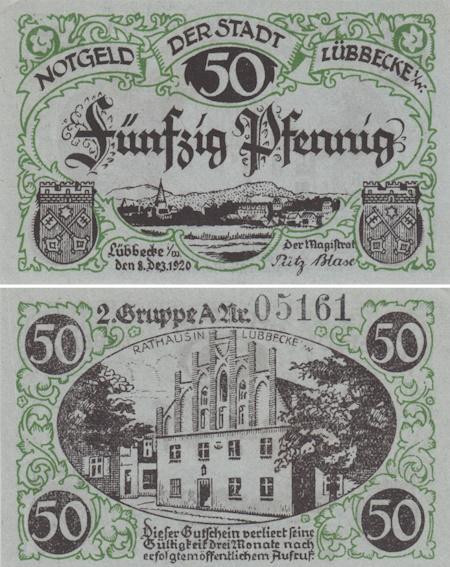  Бона. Германия. Люббекке 50 пфеннигов 1920 год. Ратуша. Нотгельд. (XF) 