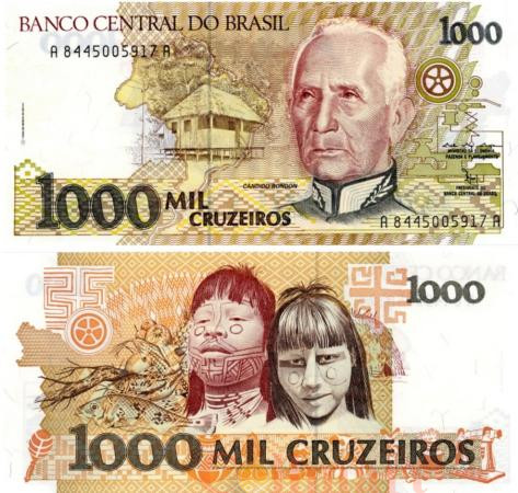  Бона. Бразилия 1000 крузейро 1990 - 1991 год. Маршал Рондон Кандидо. (Пресс) 