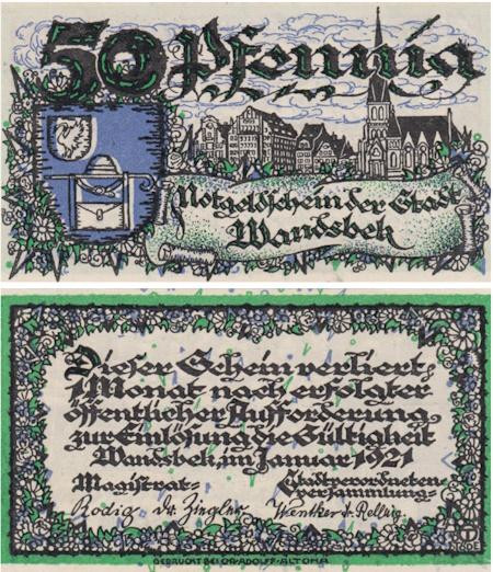  Бона. Германия. Вандсбек 50 пфеннигов 1921 год. Нотгельд. (XF) 