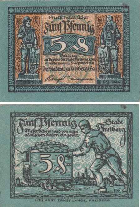  Бона. Германия. Фрайберг 5 пфеннигов 1922 год. Нотгельд. (XF) 