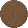  Нидерланды. 1 цент 1955 год. Королева Юлиана. 