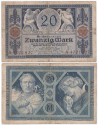 Бона. Германская империя 20 марок 1915 год. Мужчины с рогом изобилия. (VG-F)