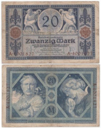 Бона. Германия. 20 марок 1915 год. Мужчины с рогом изобилия. (VG-F)