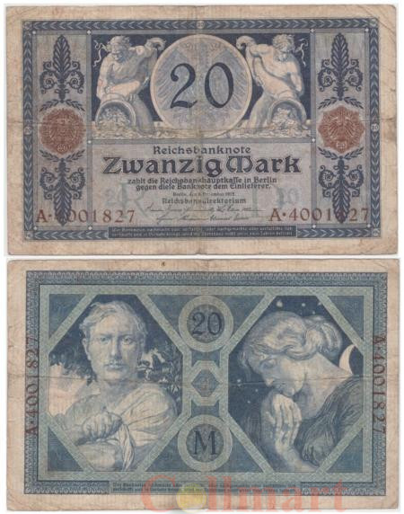  Бона. Германия. 20 марок 1915 год. Мужчины с рогом изобилия. (VG-F) 