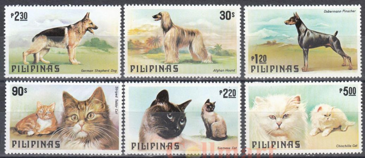  Набор марок. Филиппины. Собаки и кошки. 6 марок. 