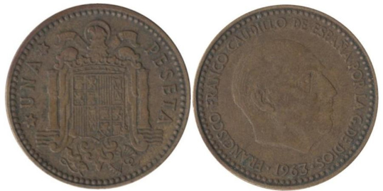  Испания. 1 песета 1963 год. Франсиско Франко. (65 внутри звезды) 