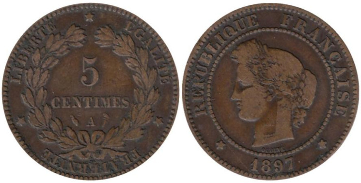 Франция. 5 сантимов 1897 год. Тип Церера. 