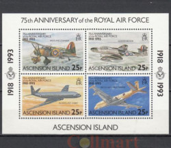 Почтовый блок. Остров Вознесения 1993 год. 75-лет Королевским ВВС (1918-1993)
