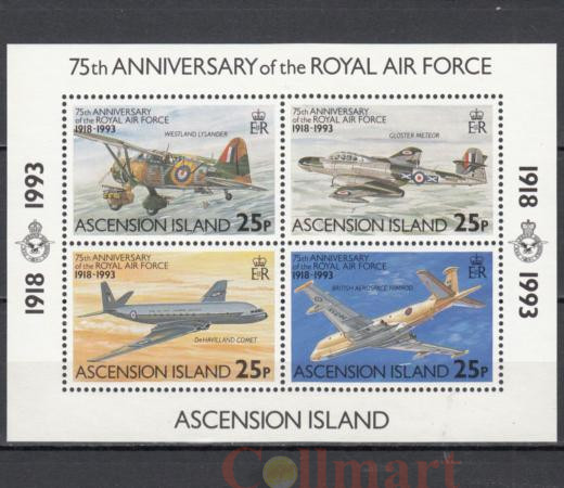  Почтовый блок. Остров Вознесения 1993 год. 75-лет Королевским ВВС (1918-1993) 