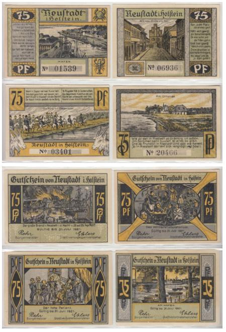  Набор банкнот. Германия. Нойштадт-ин-Хольштайн 75 пфеннигов 1921 год. Нотгельды, 4 штуки. (XF) 