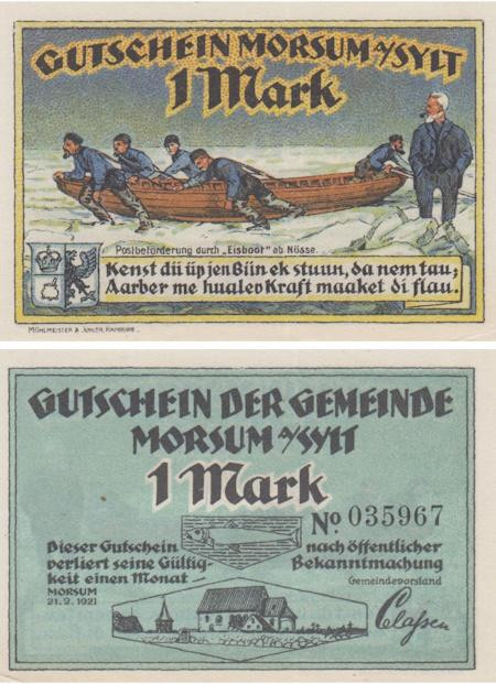  Бона. Германия. Морсум (Зильт) 1 марка 1921 год. Нотгельд. (XF) 