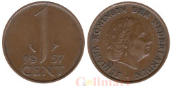 Нидерланды. 1 цент 1957 год. Королева Юлиана.