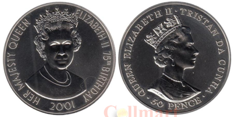  Тристан-да-Кунья. 50 пенсов 2001 год. 75 лет со дня рождения Королевы Елизаветы II. 