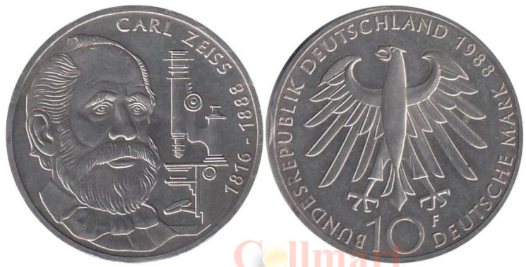  Германия (ФРГ). 10 марок 1988 год. 100 лет со дня смерти Карла Фридриха Цейса. 