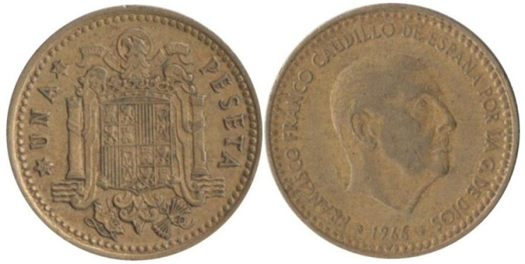  Испания. 1 песета 1966 год. Франсиско Франко. (68 внутри звезды) 