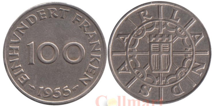  Саар. 100 франков 1955 год. Герб. 