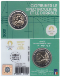 Франция. 2 евро 2021 год. XXXIII летние Олимпийские игры, Париж 2024. (в зеленой открытке)