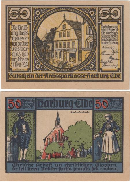  Бона. Германия. Харбург-на-Эльбе 50 пфеннигов 1921 год. Церковь. Нотгельд. (XF) 