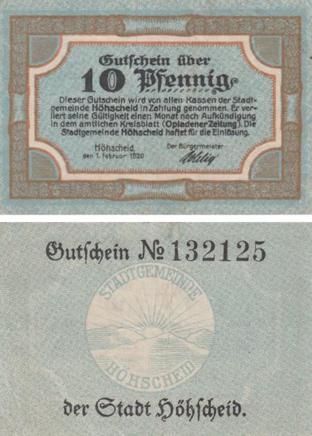  Бона. Германия. Хехшайд 10 пфеннигов 1920 год. Нотгельд. (VF) 