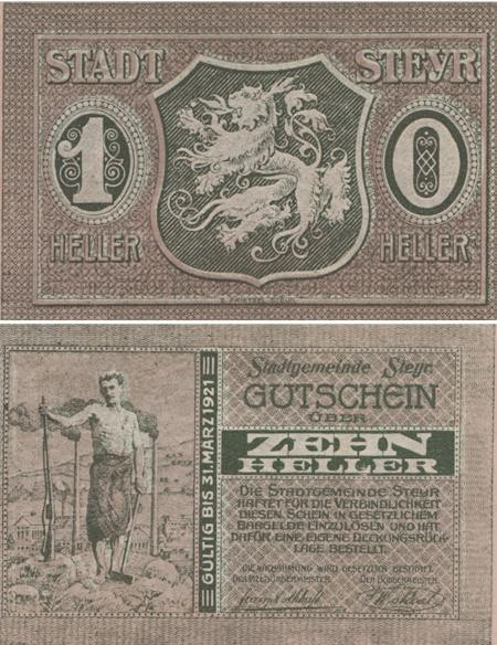  Бона. Австрия. Штайр 10 геллеров 1921 год. Нотгельд. (XF) 