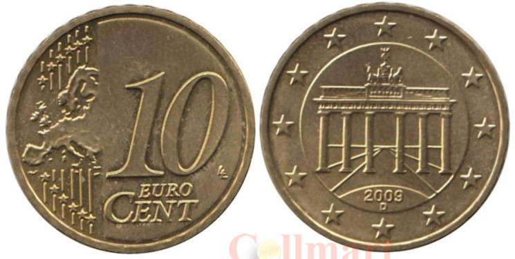  Германия. 10 евроцентов 2009 год. Бранденбургские ворота. (D) 