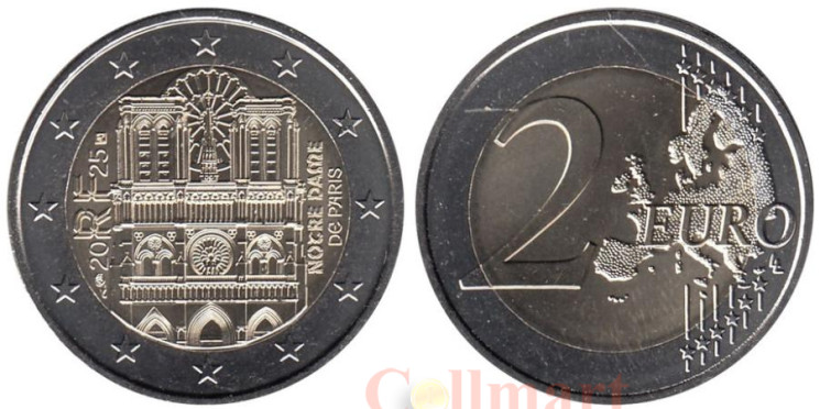  Франция. 2 евро 2025 год. Собор Парижской Богоматери. 