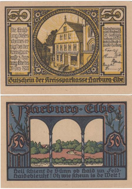  Бона. Германия. Харбург-на-Эльбе 50 пфеннигов 1921 год. Пейзаж. Нотгельд. (XF) 