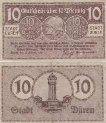 Бона. Германия. Дюрен 10 пфеннигов 1919 год. Нотгельд. (VF)