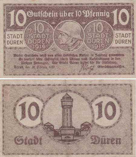  Бона. Германия. Дюрен 10 пфеннигов 1919 год. Нотгельд. (VF) 