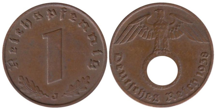  Германия - Третий рейх. 1 рейхспфенниг 1938 год. (J) 