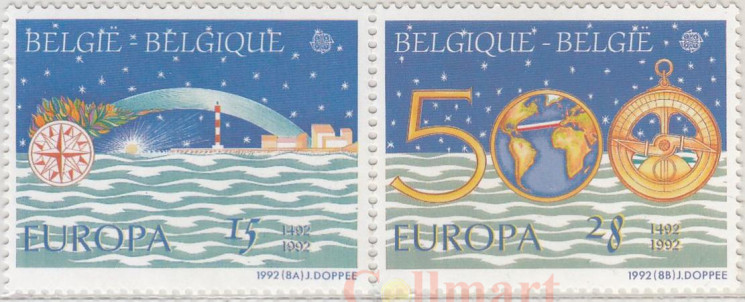  Набор марок. Бельгия. 500-летие открытия Америки. 2 марки. 
