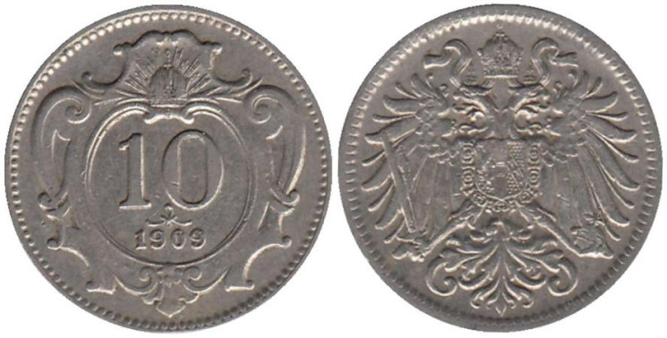  Австрия. 10 геллеров 1909 год. 