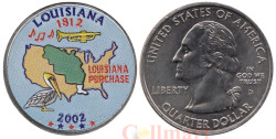 США. 25 центов 2002 год. Квотер штата Луизиана. цветное покрытие (D).