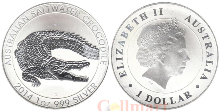  Австралия. 1 доллар 2014 год. Гребнистый крокодил. 