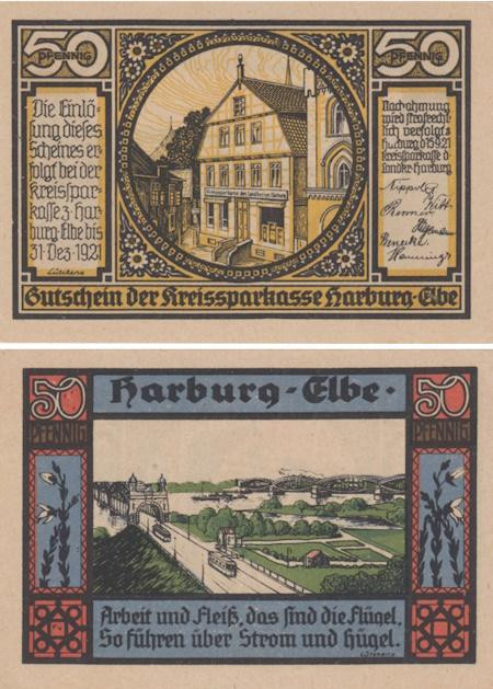  Бона. Германия. Харбург-на-Эльбе 50 пфеннигов 1921 год. Городской пейзаж. Нотгельд. (XF) 