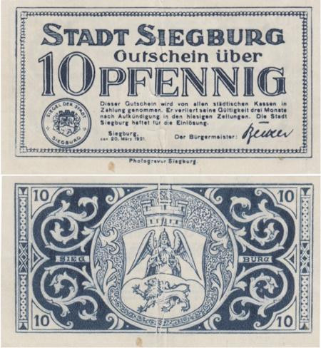 Бона. Германия. Зигбург 10 пфеннигов 1921 год. Нотгельд. (VF) 