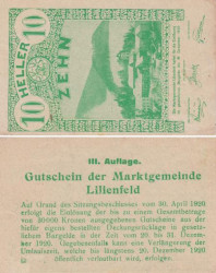 Бона. Австрия. Лилиенфельд 10 геллеров 1920 год. Нотгельд. (VF)