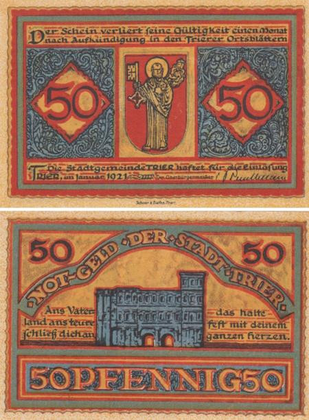 Бона. Германия. Трир 50 пфеннигов 1921 год (вариант 1). Нотгельд. (XF) 