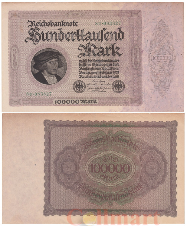  Бона. Германия (Веймарская республика) 100.000 марок 1923 год. Кауфман (Купец) Георг Гизе. (6-значный серийный номер) (F-VF) 