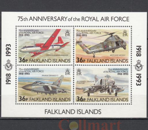  Почтовый блок. Фолклендские Острова 1993 год. 75-лет Королевским ВВС (1918-1993). 