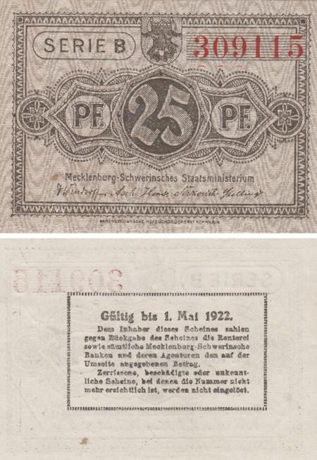  Бона. Германия. Мекленбург-Шверин 25 пфеннигов 1922 год. Нотгельд. (XF) 