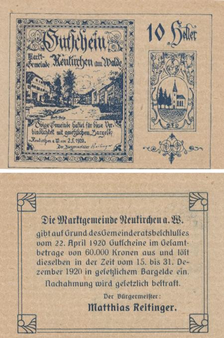  Бона. Австрия. Нойкирхен-ам-Вальде 10 геллеров 1920 год. Нотгельд. (XF) 