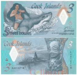 Бона. Острова Кука 3 доллара 2021 год. Обнаженная Ина, плывущая на акуле. (Пресс)