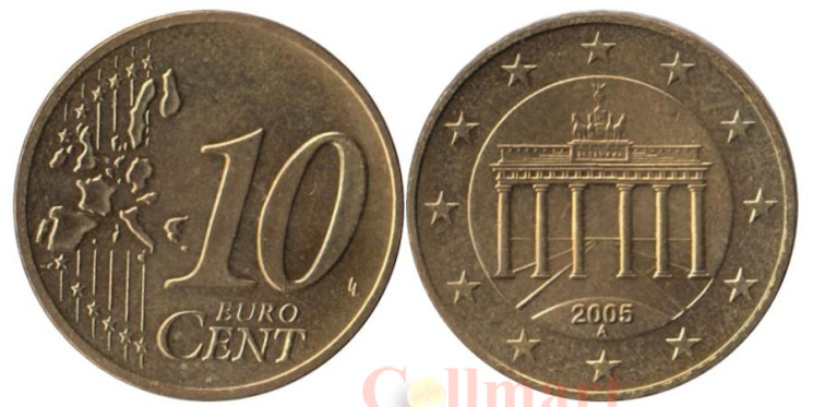  Германия. 10 евроцентов 2005 год. Бранденбургские ворота. (A) 