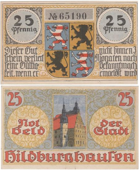  Бона. Германия. Хильдбургхаузен 25 пфеннигов 1921 год. Ратуша. Нотгельд. (XF) 