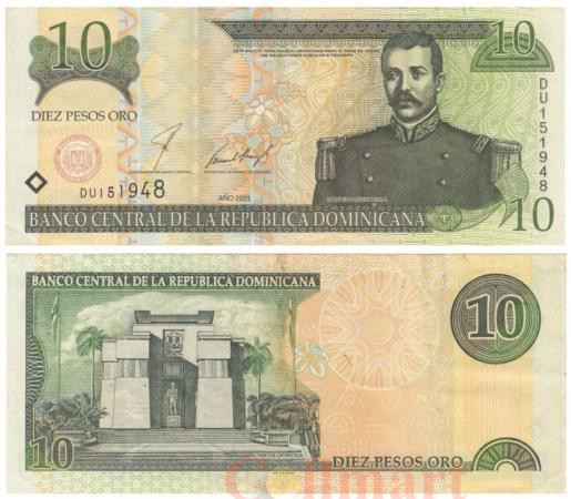  Бона. Доминиканская Республика 10 песо оро 2001 год. Матиас Рамон Мелла. (VF) 
